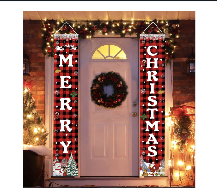 Merry Christmas Banner Christmas Porch Sign Decorations - Red Black Buffalo Plaid Outdoor Xmas Decor, Hanging Christmas Banner for Indoor Outside Front Door Garage Holiday Party Wall Decor