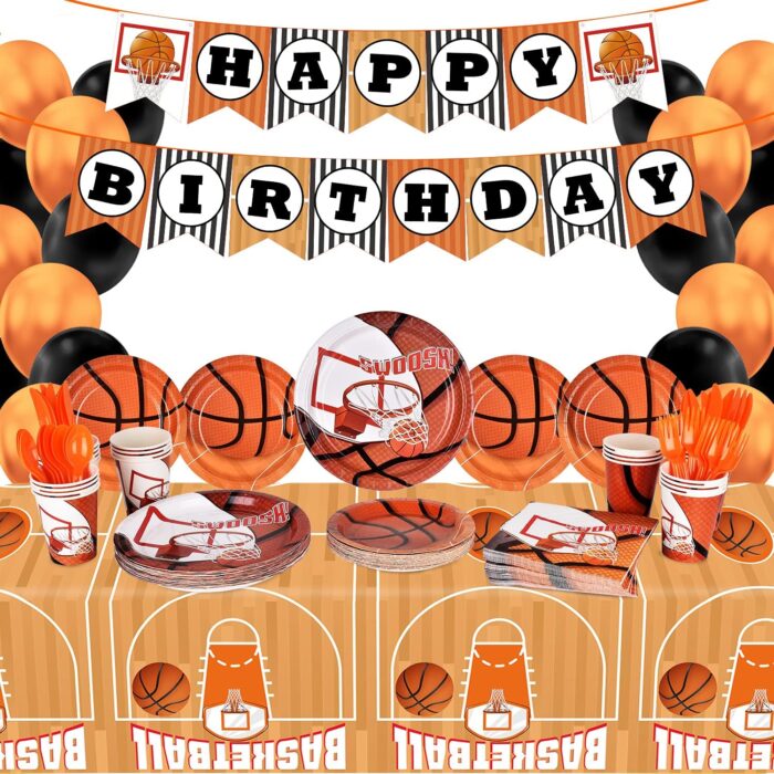 Basketball Party Supplies Paper Plates Napkins Cups Knives Forks Spoons with Balloons and Banner for Kids and Adult Birthday Party March Madness Party Decorations, Serve 25