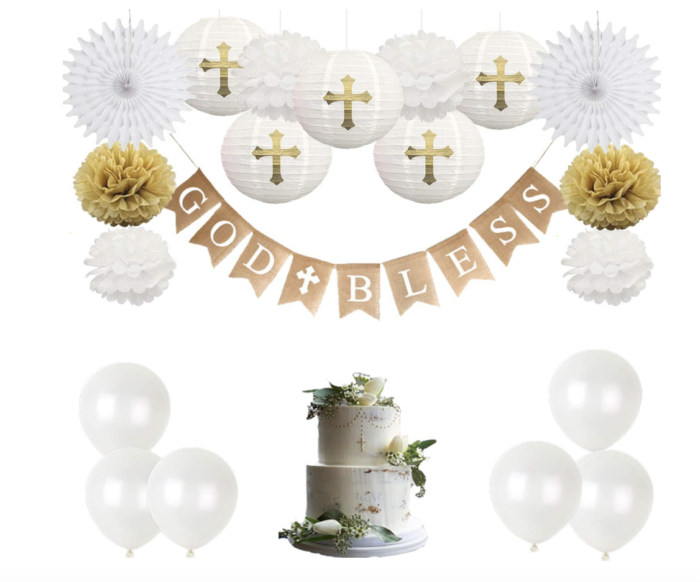 First Communion Banner Kit, Baptism Decorations for Boys Girls, First Communion Confirmation Decorations,God Bless Banner and White Decorations - White Set