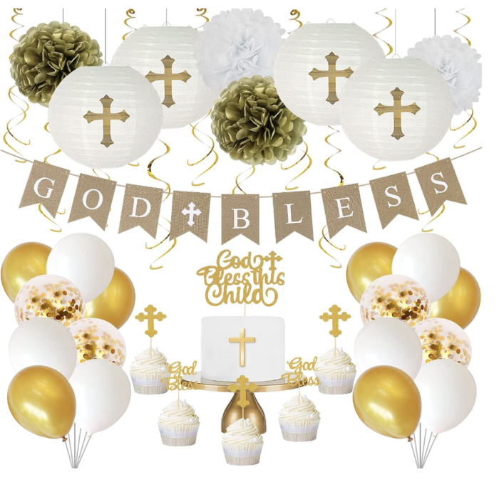 Baptism Decorations for Boys Girls, First Communion Decorations, Christening Decor 1st Holy Communion Party Supplies God Bless Banner Gold Party