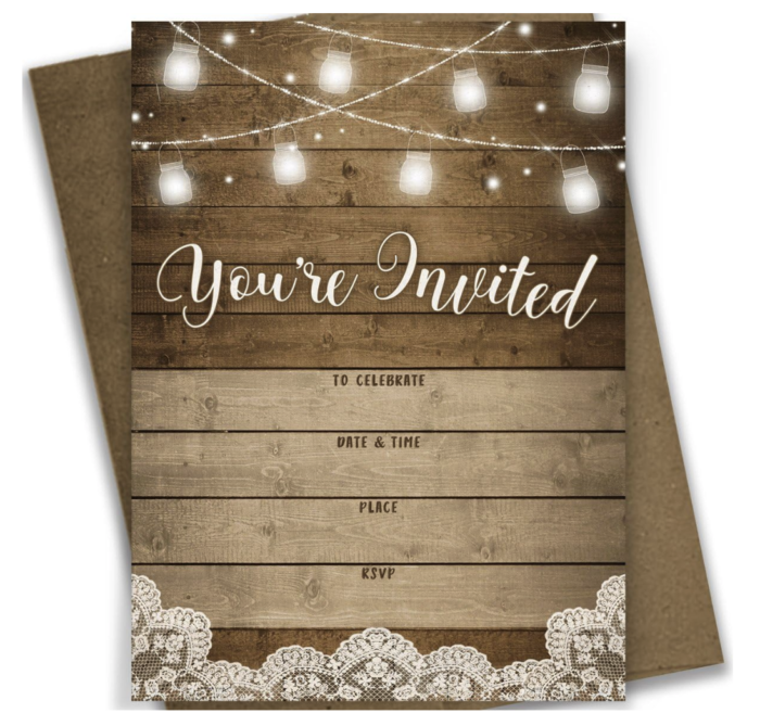 Rustic Fill-in Party Invitations, 25 Invites and Envelopes, Bridal Shower, Baby Shower, Rehearsal Dinner, Birthday Party, and Anniversary Parties